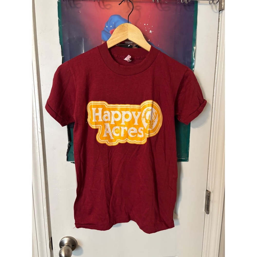 Vintage Collegiate Pacific Happy Acres Deer T-Shirt Maroon 80s 50/50 USA Mens M